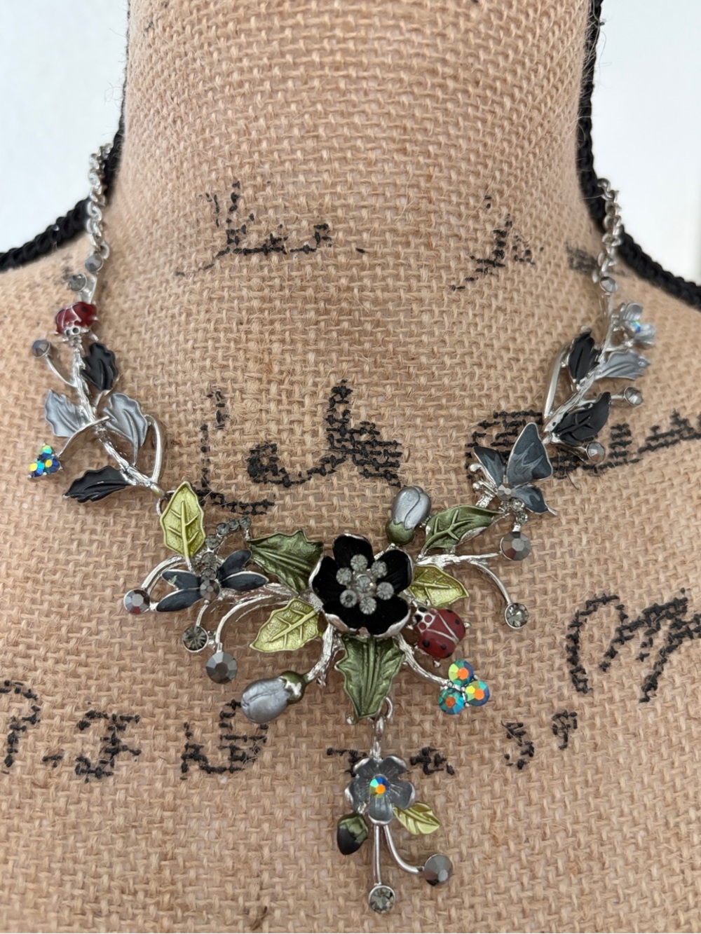 Floral Statement Necklace with Black & Green Enamel
